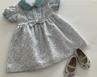 Girls' Vintage Style Dress, Floral Dress, Dress with Peter Pan Collar, Puff Sleeves, Toddler Dress, Baby Girl Dress, Size 0 (US 12 Months)