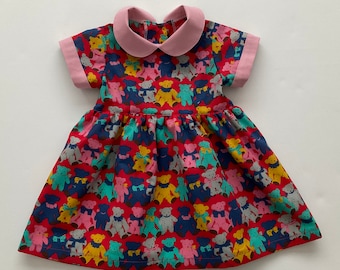 Girls Teddy Bear Cotton Dress, Peter Pan Collar, Summer Toddler Birthday,  Australia Seller