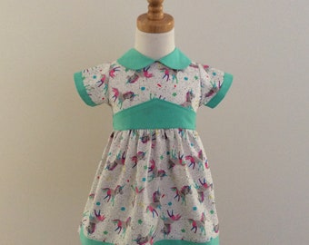 Girls Dress - Size 1 (US 12-18 Months), Unicorn Dress, Peter Pan Collar with Tie Sashes, Spring Dress, Australian Seller, READY to SHIP