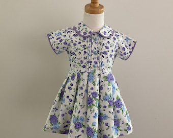 Girls Floral Cotton Sateen Dress, Peter Pan Collar, Pleated Skirt, AU Size 2, US 2T)