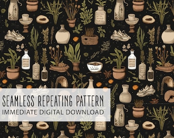 Green Witch Magic Herbs Digital Seamless Pattern File