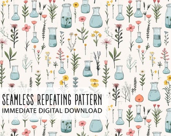 Watercolor Floral Vases Digital Seamless Pattern File