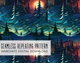 May include: Seamless repeating pattern featuring a stylized forest scene with silhouetted figures. The artwork showcases a color palette of deep blues, greens, and oranges, with a prominent sun and evergreen trees. The text "SEAMLESS REPEATING PATTERN" is displayed.