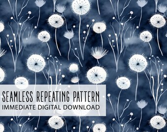 Navy Dandelions Digital Seamless Pattern File