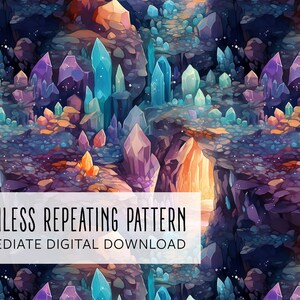 Könnte beinhalten: Nahtloses, sich wiederholendes Muster mit einer Fantasielandschaft mit Kristallen in Blau, Lila, Orange und Gelb. Das Design enthält den Text "SEAMLESS REPEATING PATTERN" und "IMMEDIATE DIGITAL DOWNLOAD".