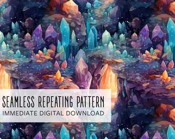 May include: Seamless repeating pattern featuring a fantasy landscape with colorful crystals in shades of blue, purple, orange, and yellow. The design includes the text "SEAMLESS REPEATING PATTERN" and "IMMEDIATE DIGITAL DOWNLOAD".