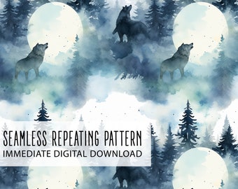Watercolor Howling Wolf Full Moon Digital Seamless Pattern File
