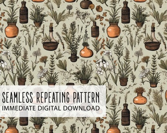 Green Witch Magic Herbs Digital Seamless Pattern File