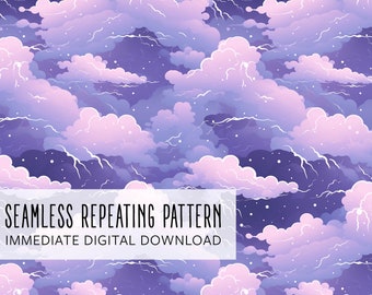 May include: Seamless repeating pattern featuring a dreamy sky with fluffy pink and purple clouds, white lightning bolts, and tiny white stars. The text "SEAMLESS REPEATING PATTERN" and "IMMEDIATE DIGITAL DOWNLOAD" are displayed in a white rectangle.