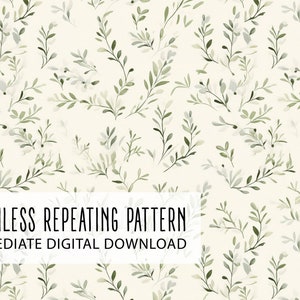 May include: A seamless repeating pattern with watercolour-style green and grey leaves on a cream backdrop. The design features various sizes of leafy branches scattered across the surface. Text at the bottom reads "SEAMLESS REPEATING PATTERN IMMEDIATE DIGITAL DOWNLOAD."