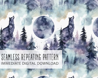 Watercolor Howling Wolf Full Moon Digital Seamless Pattern File