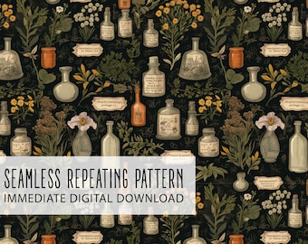 Green Witch Magic Herbs Digital Seamless Pattern File