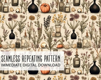 Autumn Witch Magic Herbs Digital Seamless Pattern File