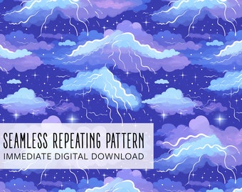 May include: Seamless repeating pattern featuring a night sky with stylized clouds, lightning, and stars. The color palette includes shades of blue, purple, and white. The text "SEAMLESS REPEATING PATTERN IMMEDIATE DIGITAL DOWNLOAD" is displayed.