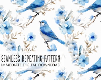 Watercolor Floral Bluejay Bird Digital Seamless Pattern File