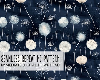 Navy Dandelions Digital Seamless Pattern File