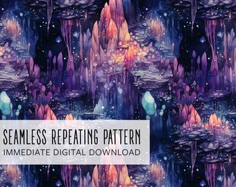 May include: Seamless repeating pattern featuring a watercolor illustration of a fantasy cave with stalactites and stalagmites in shades of purple, blue, and orange. The image includes the text "SEAMLESS REPEATING PATTERN IMMEDIATE DIGITAL DOWNLOAD."