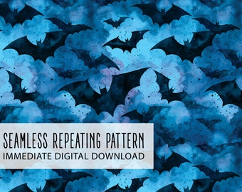 Blue Watercolor Bats Digital Seamless Pattern File