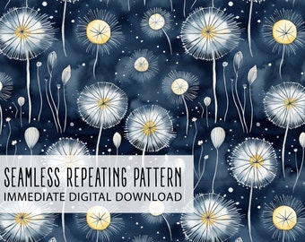 Navy Dandelions Digital Seamless Pattern File
