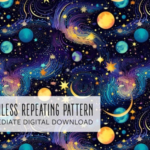 May include: Seamless repeating pattern featuring a vibrant celestial design. The artwork showcases planets, stars, and swirling galaxies in shades of blue, yellow, and purple against a dark background. The text "SEAMLESS REPEATING PATTERN" is displayed.