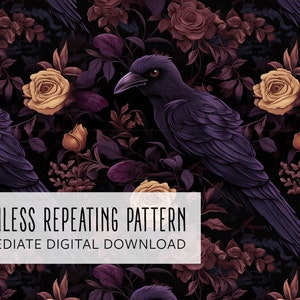 May include: Seamless repeating pattern featuring a dark purple raven amidst yellow roses and burgundy foliage on a black background. The design includes the text "SEAMLESS REPEATING PATTERN" and "IMMEDIATE DIGITAL DOWNLOAD".