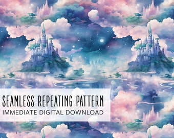 May include: Seamless repeating pattern featuring a fantasy castle on a floating island, surrounded by clouds in shades of blue, pink, and green. The design includes a night sky with stars and a moon. Text: SEAMLESS REPEATING PATTERN, IMMEDIATE DIGITAL DOWNLOAD.