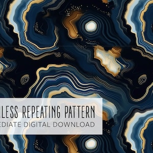 Puede incluir: Patrón repetitivo sin costuras con un diseño de ágata azul oscuro, dorado y azul claro. La imagen presenta un patrón fluido y en capas con un efecto veteado. El texto en la parte inferior dice "SEAMLESS REPEATING PATTERN" y "IMMEDIATE DIGITAL DOWNLOAD".