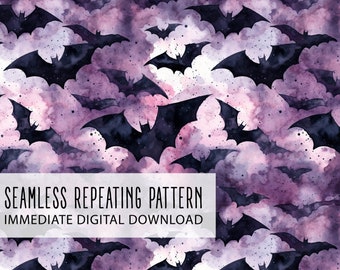 Purple Watercolor Bats Digital Seamless Pattern File