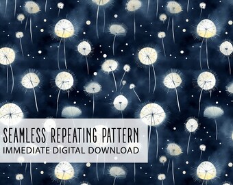 Navy Dandelions Digital Seamless Pattern File