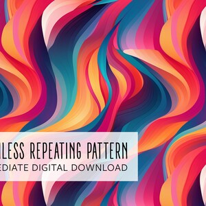 May include: Seamless repeating pattern with a vibrant, abstract design. The image features flowing, layered shapes in shades of red, pink, orange, blue, and purple. Text at the bottom reads "Seamless Repeating Pattern" and "Immediate Digital Download."