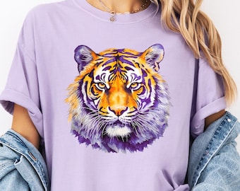 Purple and Gold Tiger Mascot T-Shirt, Louisiana Football Shirt, Painted Tiger Shirt