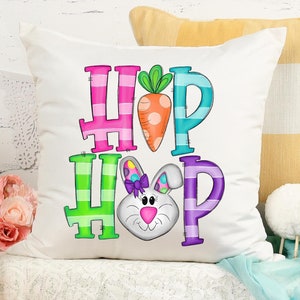Funda de almohada de conejo de Pascua de estilo hip hop, funda de almohada de conejo de Pascua de colores, funda de almohada de Pascua con letras dibujadas, funda de almohada de 18 x 18