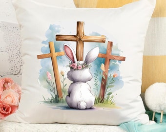 Christian Easter Pillow Cover: Bunny with Crosses, Watercolor Design