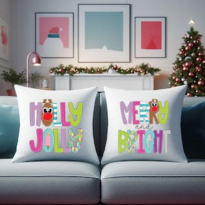 Merry & Bright Christmas Pillow Cover, Reindeer Christmas Pillow, Pink Christmas Throw Pillow, Kids Christmas Pillow