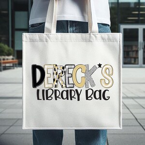 Sac de bibliothèque avec prénom pour garçons, sac fourre-tout de bibliothèque personnalisé pour enfants, sac fourre-tout noir et doré, sac de livre de prénom personnalisé
