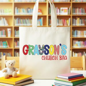 Sac d'église personnalisé pour enfants, sac d'école du dimanche, sac fourre-tout d'école du dimanche prénom pour enfants, sac fourre-tout Bible pour enfants, cabas d'église pour garçons