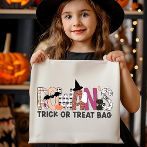 Girly Halloween Name Bag, Personalized Trick or Treat Bag, Reusable Halloween Tote Bag, Girls Trunk or Treat Tote Bag, Pink Halloween Bag