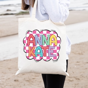 Girls Marquee Name Tote Bag, Pink Checkered Name, Skater Girl Gift, Personalized Tween Tote Bag