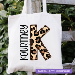 Sac fourre-tout à initiales léopard, sac fourre-tout monogramme personnalisé, sac fourre-tout avec nom pour enfant, cartable prénom personnalisé, sac cadeau, sac fourre-tout lecture d'été