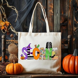 Personalized Girls Halloween Bag, Girls Trick or Treat Bag, Girls Name Halloween Candy Bag, Halloween Name Tote Bag, Kids Halloween Tote Bag