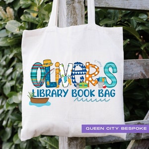 Jungen Name Bibliothek Canvas Einkaufstasche, personalisierte Jungen Bibliothek Tasche, Einkaufstasche mit Angeln-Thema