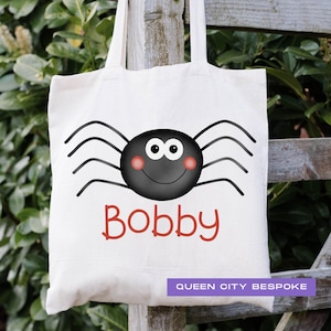 Custom Kids Halloween Treat Bag, Cute Spider Halloween Bag, Personalized Trick or Treat Bag, Kids Name Halloween Candy Bag, Halloween Tote