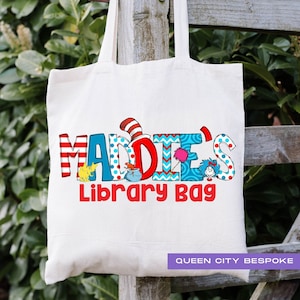 Fourre-tout de bibliothèque sur le thème du livre, sac de bibliothèque personnalisé, sac de bibliothèque d'école personnalisé, sac fourre-tout de bibliothèque de noms pour enfants, fourre-tout Read Across America
