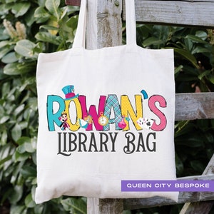 Sac fourre-tout Alice au pays des merveilles, sac de bibliothèque personnalisé, sac de livre prénom pour enfant, sac de bibliothèque de nom personnalisé, sac de livre de conte de fées personnalisé