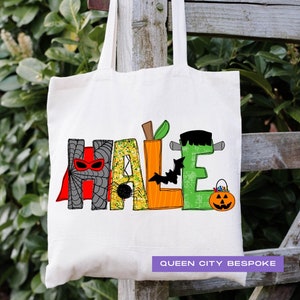Personalized Halloween Tote Bag, Custom Name Kids Halloween Bag, Personalized Halloween Bucket Tote Bag, Boys Halloween Tote Bag