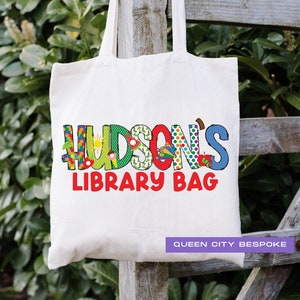 Happy Caterpillar Library Tote, Custom Name Book Bag, Personalized Library Bag, Name School Library Bag, Kids Name Library Tote Bag