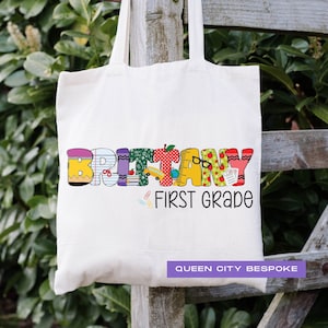 Sac fourre-tout rétro avec prénom pour enfant, sac de rentrée personnalisé, sac de bibliothèque rétro personnalisé, sac de livre avec prénom personnalisé, cadeau de rentrée pour enfant
