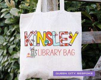 Personalized School Library Bag, Personalized Library Bag for School, Cat Library Bag, Kids Library Name Bag, Dog Library Bag