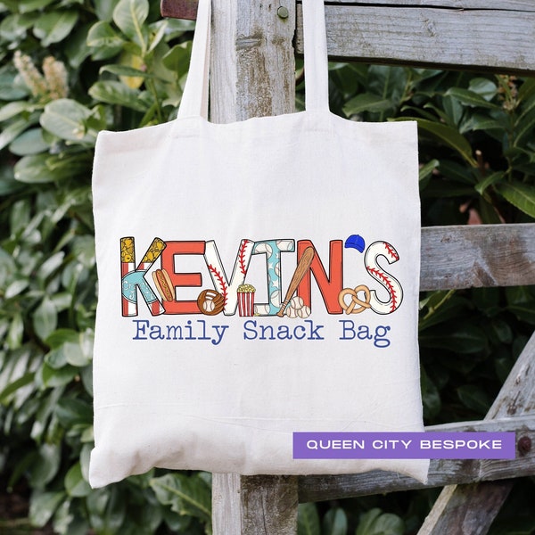 Personalized Baseball Tote Bag, Custom Name Baseball Field Snack Bag, Baseball Family Snack Tote, Travel Baseball Tote Bag, Baseball Name