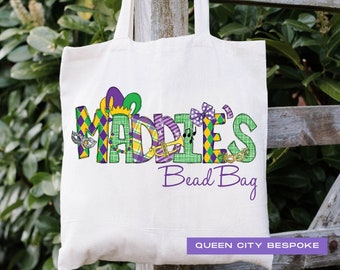 Personalized Mardi Gras Bead Bag, Mardi Gras Tote Bag, Mardi Gras Name Canvas Bag, Mardi Gras Parade Bag, Child's Mardi Gras Bead Bag
